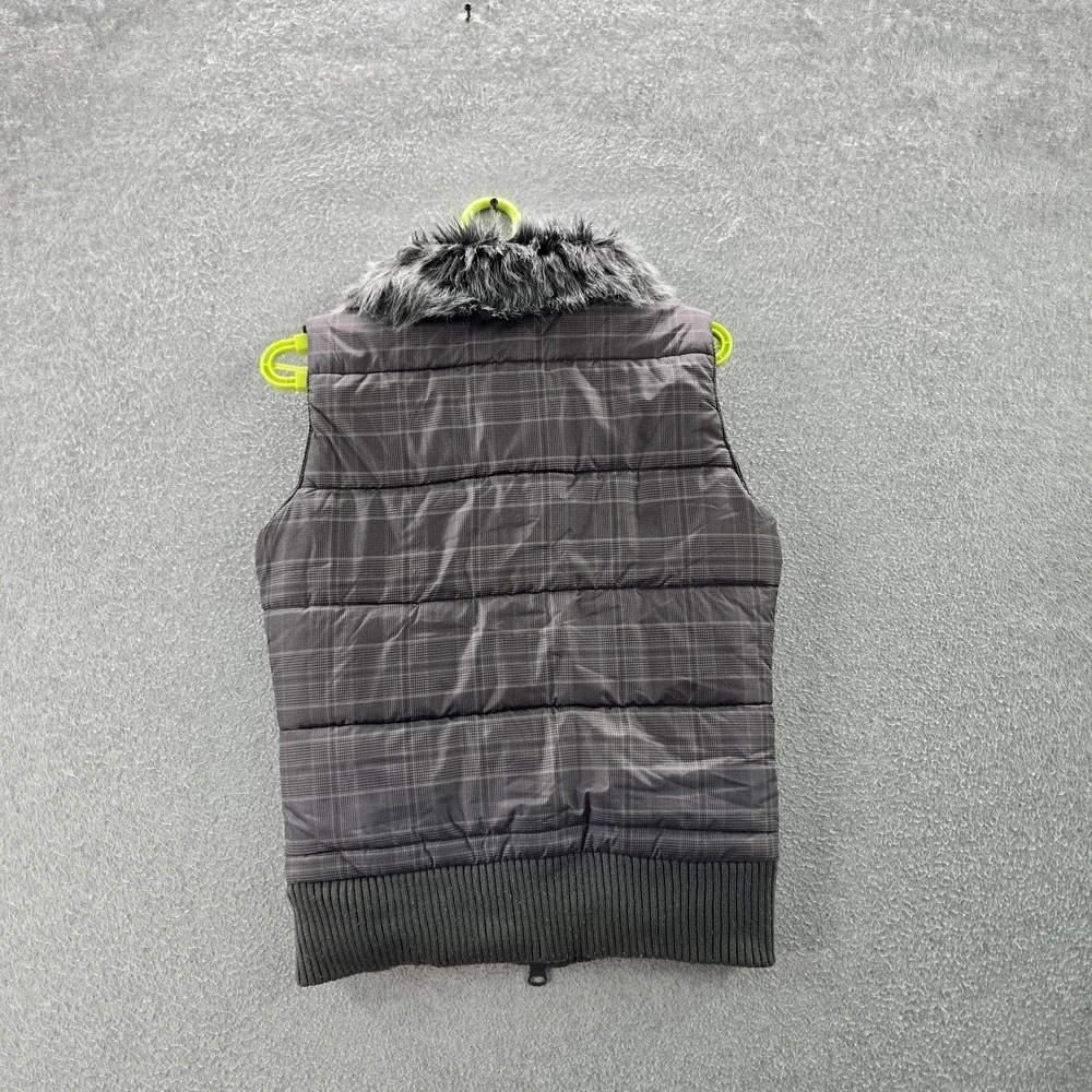FOX Women Vest SMALL Gray Plaid Head Puffer Fur‎ Trim Embroidered Logo - Picture 9 of 10
